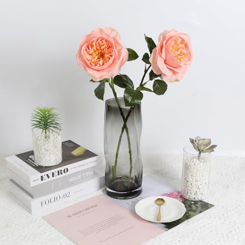 2Pcs Fake Austin Rose Peonies Flowers Real Touch Peach Roses with Stems 25.60'' Latex Peony Artificial Flowers for Home Decor Flower Arrangement Wedding Centerpieces Valentine's Day (Peach) - color: Peach