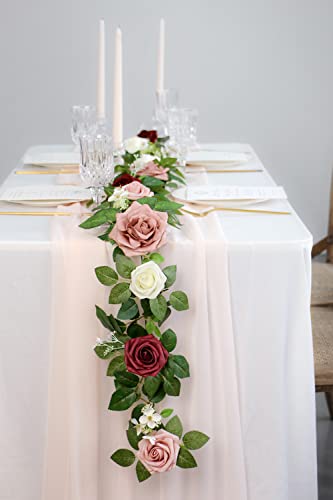 PONATIA 5FT Burgundy Artificial Flowers Garland, Dusty Rose Flowers Garland for Wedding Ceremony Garlands Backdrop Arch Flowers, Table Christmas Decorations (Burgundy & Ivory) - color: Burgundy & Ivory & Dusty Rose