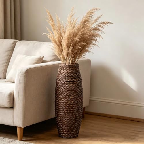 Hosley 20” Woven Floor Vase – Natural Wood & Grass Tall Decorative Vase for Pampas, Living Room, Entryway & Home Décor - color: Brown