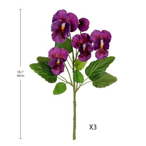 Purple Artificial Flowers 3 Pack Pansy Flowers Artificial Silk Flowers 18" Realistic Fake Flowers for Decoration Spring Faux Flowers for Vase Home Indoor Wedding Flower Bouquet Table Centerpiece Decor - color: Purple