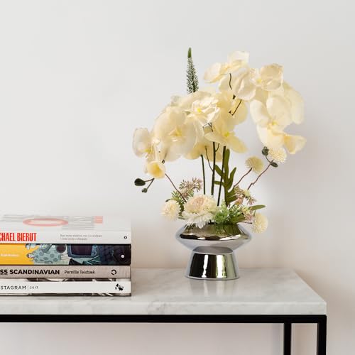 LESING Fake Orchids Flowers Arrangement in Pot,Faux Silk Orchid Artificial Flower Plant with Ceramic Vase for Table Home Decor (Silver Vase,White) - color: Silver Vase,white