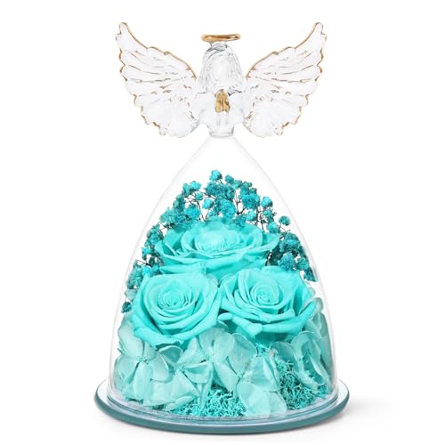 Mothers Day Flowers Gifts for Mom Flowers for Delivery Preserved Flowers Forever Real Fresh Roses in Glass Angel Figurines Birthday Gifts for Women Anniversary Present for Grandma Wife from Daughter - color: Light Blue (Rose, Baby's Breath, Hydrangea)