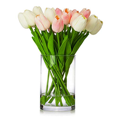 20 Pieces Artificial Real Touch Tulips Flower Arrangement in Glass Vase with Faux Water for Home Decoration (White Pink) - color: White Pink
