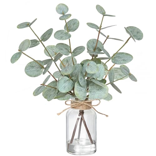 Fake Eucalyptus Stems in Vase with Faux Water,Artificial Plants Eucalyptus Leaves for Shelf Desk Bathroom Farmhouse Room Coffee Table Faux Greenery Plants Decorations (Green) - color: Green-white Bottle