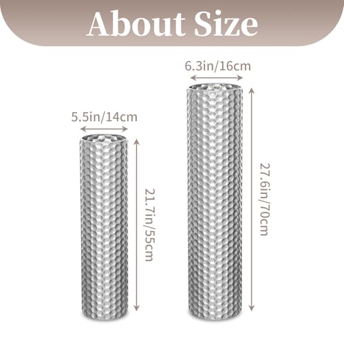 Sziqiqi Silver Tall Floor Vase: 27.6/21.7in Metal Cylinder Vases Extra Large Decorative Vase Set of 2 Living Room Modern Honeycomb Texture Big Standing Decor for Dining Bedroom Home Corner Indoor - color: Silver