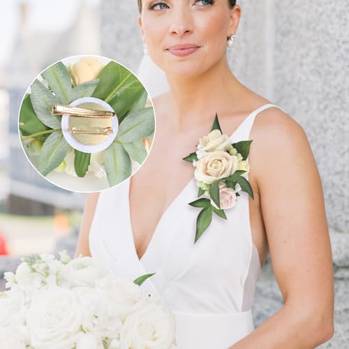 2pcs Wedding Shoulder Rose Corsage Artificial Flowers Champagne Faux Flowers for Bride Bridal Girl/Mother Homecoming/Prom Anniversary Party Corsages Wrist Decor (Champagne) - color: Ivory White