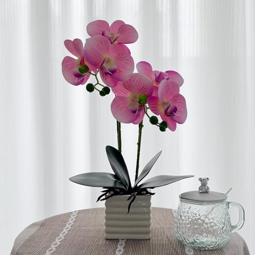 Artificial Pink Orchid Plant with White Vase, 14 Inches Tall, Realistic Orchid Artificial Flowers for Home Decor - color: Pink