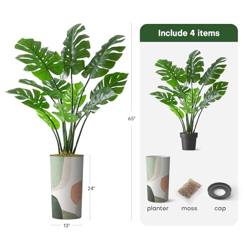 Artificial Tree in Multicolor Textured Geometric Shapes Illustrations Planter, Fake Monstera Silk Tree for Indoor and Outdoor Home Decoration - 65" Overall Tall (Plant Pot Plus Tree) - style: Monstera Plant