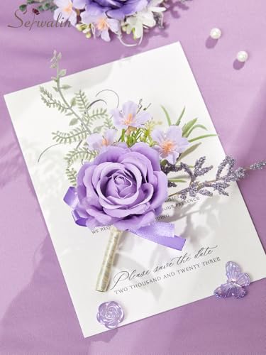 Serwalin 6 Pcs Purple Boutonniere for Men, Groom Groomsmen Best Man Guest Boutonnieres，Artificial Flowers Silk Rose for Wedding Prom Ceremony Anniversary Party Homecoming - color: Purple, size: Boutonniere 6pcs