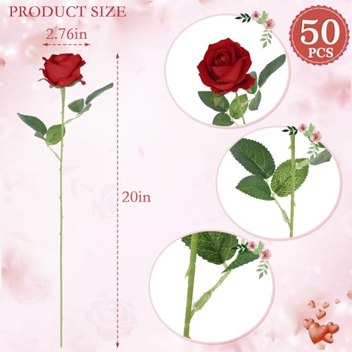 Hananona 50 Pcs Artificial Roses in Bulk, Fake Silk Red Roses Realistic Roses for Wedding Centerpieces Flower Arrangement Home Decor (50, Red) - color: Red