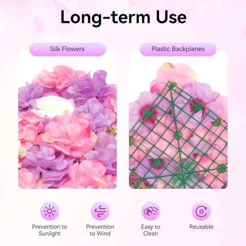 Flower Wall Backdrop 12 Pcs -15x15Inch Artificial Flower Wall Panels 3D Silk White Rose Floral Photography Background Floral Decoration Panels for Wedding, Event Party (Pink+Purple+White, 15 × 15") - color: Pink+Purple+White