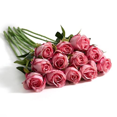 12 Pcs Deep Pink Roses Artificial Flowers -20" Silk Roses Bouquet,Fake Roses Long Stem for Arrangement Wedding Centerpiece Home Party Mother's Day Decor - color: Deep Pink