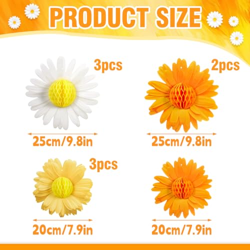 Paper Jazz 9pcs Daisy Paper Flower Decorations, White Yellow Orange Honeycomb Hanging Decor, Spring Party Celling Sign Boho Happy Birthday Supplies for Garden Classroom Baby Shower Birthday Party - color: Orange Daisy