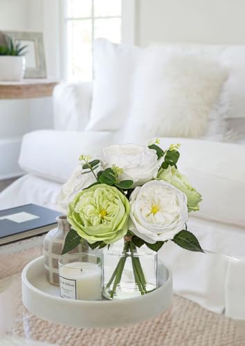 Hollyone Green Peonies Artificial Flowers in Vase Real Touch Flowers Arrangements Fake Peony with Glass Vase Silk David Austin Roses Flower with Clear Faux Water Bouquet Table Centerpiece Home Decor - color: Green and White