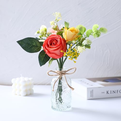 AFRITEE Artificial Flowers with Small Vase - Orange Potted Fall Rose Floral Arrangements Artificial with Small Vase for Home Living Office Wedding Coffee Centerpiece Table - color: Orange Bouquet+relief Vase