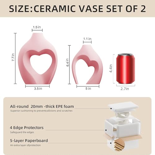 Pink Ceramic Flower Vases Home Decor Heart Shaped Vase Set of 2 Nordic Heart Shaped Vases, Minimalist Decorative Vase for Table Centerpiece Wedding Dining Living Room Office House Decoration - color: Pink