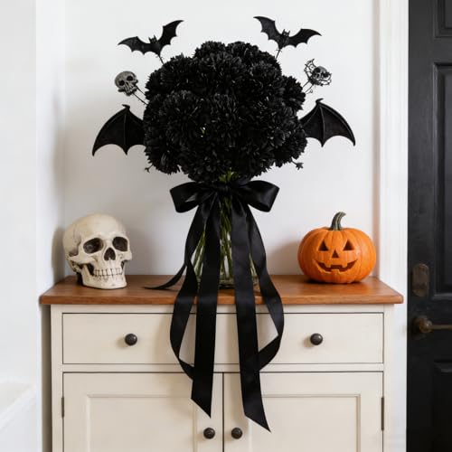 Kimura's Cabin 20Pcs Black Chrysanthemums Artificial Flowers Silk Fake Mums with Stem Ball Flower for Gothic Home Decor Halloween Arrangement Table Centerpiece - color: Black