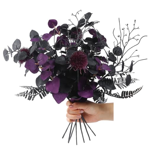 7pcs 18" Faux Halloween Floral Picks Tabel Centerpieces Decoration, Artificial Gothic Black Purple Eucalyptus Leaves Flowers Stems Picks Bouquet Decor (BLK-Purple)