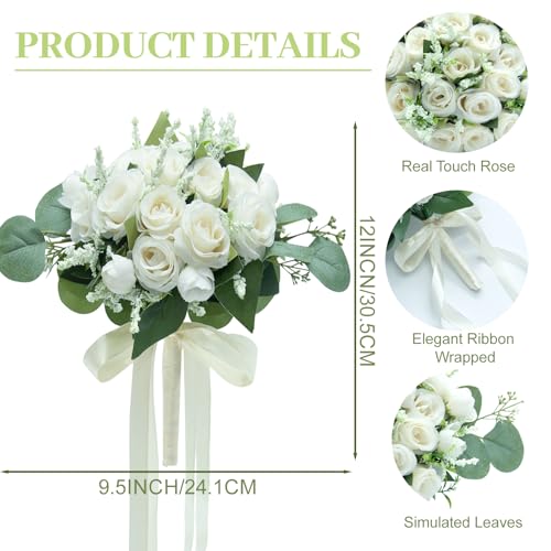 Artificial Bridesmaid Bouquets Set of 8 - Ivory White 9 Inch Various Flower Bouquet for Wedding Party Ceremony Anniversary Dinning Table Centerpieces Decor Faux (Rose with Ribbon) - color: All Small Rose