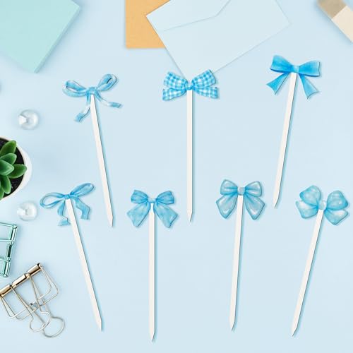 TICIAGA Blue Bow Wooden Pick - 14PCS Blue Bow Tie Double-sided Wooden Decorative Pick for Home Vase Filler Butterfly Knot Floral Wood Decorative Stick for Farmhouse Coquette Theme Decorations for Home - color: Blue Bow