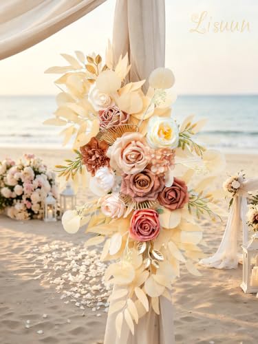 Lisuun Artificial Wedding Arch Flowers with Chiffon Runner, Pack of 3 | Includes 2 Flower Swags, 1 20ft Chiffon Runner and Zip Ties for Wedding Arches, Arbors and Backdrops - color: Champagne