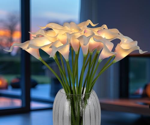 LED Lighted Artificial Flowers Calla Lily Bouquet Lamp 20 stems Real Touch Calla Faux Flower Lights for Valentine's Day Gift and Easter Home Kitchen Wedding Dining Table Decor(Whitepurple, No Vase) - color: Whitepurple
