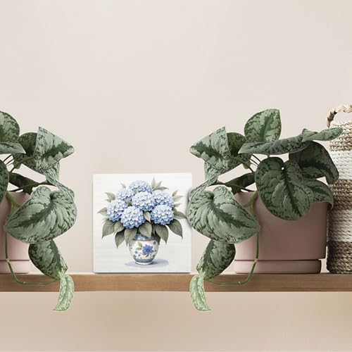 Blue Hydrangea Flowers Decor Wooden Signs,Chinoiserie Spring Floral Wooden Box Sign,Blue And White Decor For Home Desk Tabletop Shelf Decoration 5x5 Inches - color: Blue Hydrangea