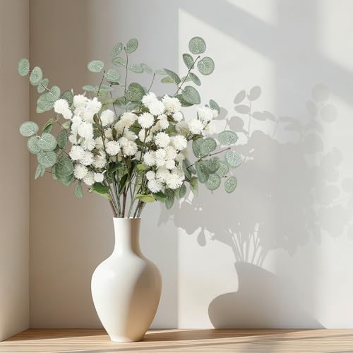 Artificial White Flower Chrysanthemum and Eucalyptus Stems Set,Faux Pom Pom Flowers with Realistic Silk Eucalyptus Leaves Bendable Long Stems for Vase Home Table Centerpiece Decor