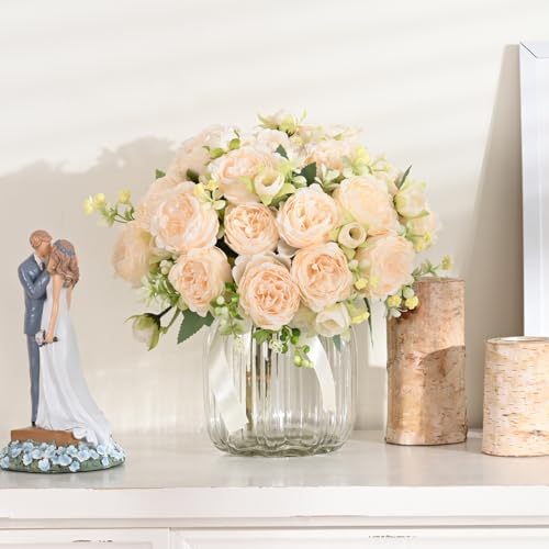 MARTINE MALL 4 Packs Peonies Artificial Flowers, Champagne Artificial Peonies, Silk Peonies Flowers Fake Peonies Artificial Flowers Peonies Bouquet for Centerpiece Table Wedding Party Home Decor - color: Champagne, size: 4PCS