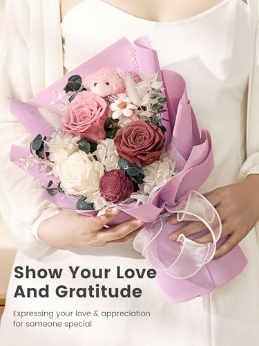 Polylove Forever Flower Bouquet Flowers for Delivery Prime Preserved Roses with Bear Gift Box for Wife Women Mother Day Anniversary Birthday (Purple) - color: Purple