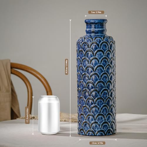 Ceramic Flower Vase,13.98" Tall Vintage Blue Pottery Vase for Home Decor, Rustic Textured Vase for Pampas Grass, Living Room, Entryway, Mantel, Kitchen Table - color: 103-blue