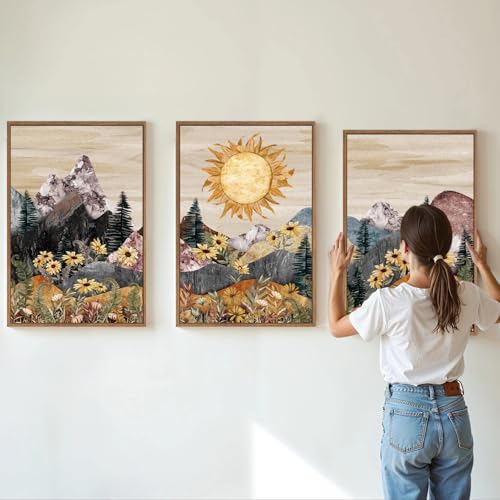 Rantodecor Boho Mountain Framed Canvas Wall Art, Western Daisy Floral Landscape Wall Decor, Rustic Fern Flowers Art Painting, Modern Fantasy Nature Sun Artwork for Bedroom Living Room Office 16"x24"x3 - color: Boho Mountain, size: 24"x16"