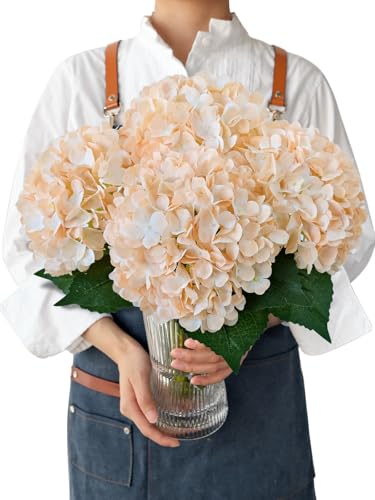 JINWOE Boho Faux Hydrangea Flowers, 4PCS 21" Silk Real Touch Vintage Lifelike Silk Flowers,Artificial Hydrangeas with Stems Bouquet Fake Flowers for Wedding Centerpieces Tables Party Outdoor Home - color: Cream