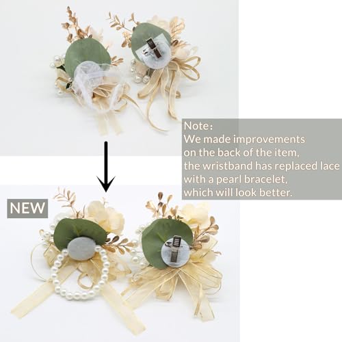 Corsage and Boutonniere Set, Handmade Artificial Peony Rose Wrist Corsage Wristlet and Groom Boutonniere for Men Wedding Prom Suit Decorations (Champagne Cream Gold) - color: Champagne Cream Gold