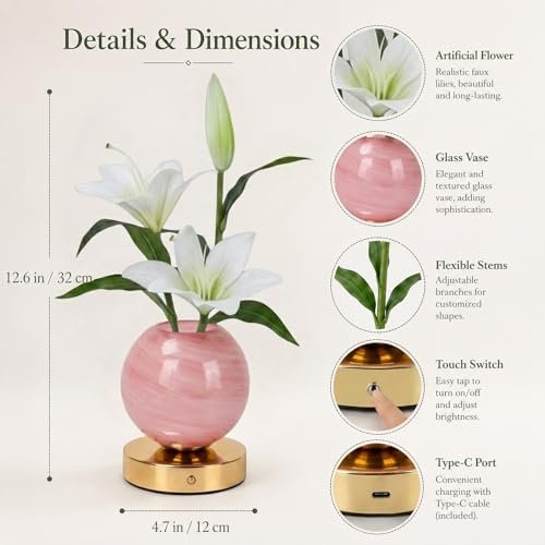 Lily Table Lamp, 3 Color Planet Night Light, Rechargeable Cordless Touch Dimming Artificial Flower Light, LED Flower Bedside Lamp Romantic Gifts for Girl Women Mom (White Lily - Pink Vase) - color: White Lily - Pink Vase