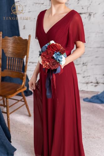 TINGE TIME Bridesmaid Bouquets for Wedding Set of 4 Red&Navy Blue 7 Inch Wedding Bouquets Artificial Silk Flowers Bridal Bouquets for Bridesmaids, Wedding Decor, Anniversary, Party - color: Red&navyblue
