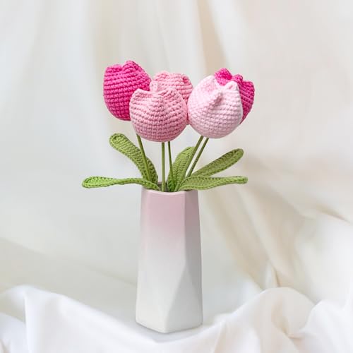 Rimvoe Crochet Tulip Flower Bouquet, Handmade Knitted Artificial Tulip Flowers, Gift for Mom Wife Women(Pink)
