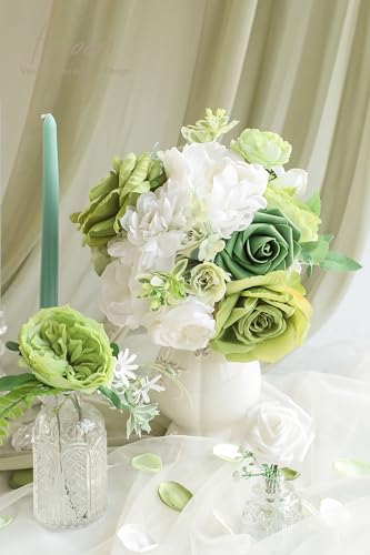 Floroom Olive Green White Artificial Flowers Fake Roses Peonies and Greenery Combo Box Set for DIY Wedding Bouquets Bridal Shower Centerpieces Floral Arrangements Party Tables Home Decorations - color: Muted Olive Green