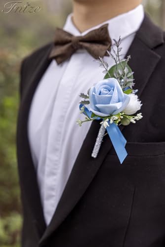 Fnize Blue Boutonniere for Men, 6 Pcs Groom Groomsmen Boutonnieres, Artificial Flowers for Wedding Prom Homecoming - color: Blue