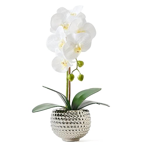 Fake Flowers with Vase, Large Orchids Artificial Flowers in Silver Pot Fake Orchid Fake Plant in Pots Artificial Flowers for Home Decor Indoor Table Centerpiece Bathroom Decoration - color: Silver&white