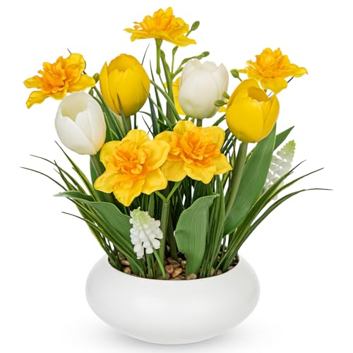 Hollyone Tulips Artificial Flowers with Daffodil Bulbs in Vase Fake Tulips Silk Flowers Arrangements with Ceramic Pot Daffodil Tulip Bulbs Floral Bouquet for Home Decor Table Centerpiece White Yellow - color: Large - Yellow