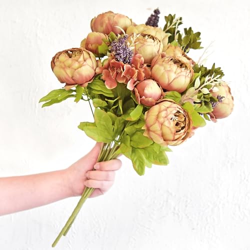 FiveSeasonStuff Tawny Brown Artificial Peony Bouquets, 2 Silk Flower Bundles with Hydrangea Accents for Wedding Centerpieces & Home Decor - color: Tawny Brown