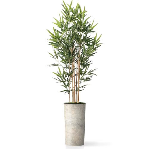 Artificial Tree in Off-White Texture Planter, Fake Bamboo Silk Tree for Indoor and Outdoor Home Decoration - 70" Overall Tall (Plant Pot Plus Tree) - style: Bamboo