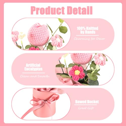 Crochet Flower Bouquet for Gift: Handmade Knitted Tulip Bouquet for Birthday Wedding Festival Valentine's Day Graduation Home Decor (Pink) - color: Pink