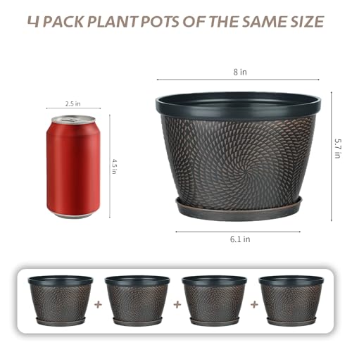 Quarut 4 Pack 8 Inch Flower Pots for Outdoor Indoor, Plastic Plant Pots with Drainage Hole & Saucer, Lightweight Small Flower Pot, Circle Pattern Planters for Garden House planters（Brown） - color: Circular Pattern-brown, size: 8 inch-4 Pack