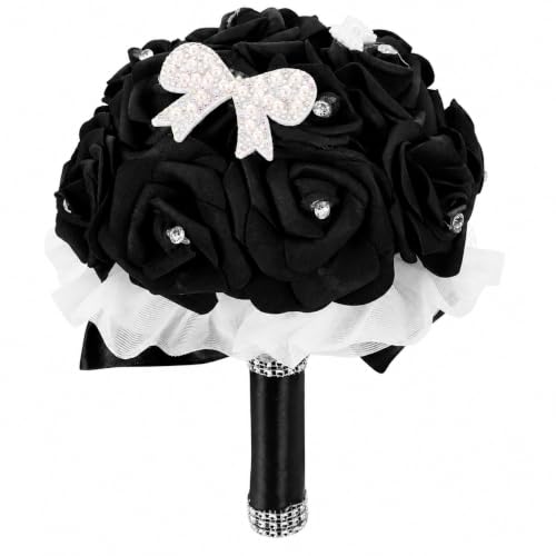 MAGICLULU Elegant Black Bridal Wedding Bouquet with Chic Artificial Foam Flowers, Artificial Holding Flowers for Brides and Bridesmaids, Ideal for Weddings, Parties, 9.44X6.29X6.29in
