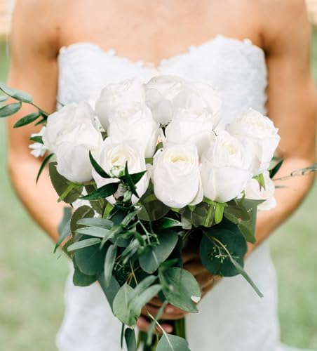 12Pcs White Roses Artificial Flowers 20" Vintage Silk Fake Roses with Stem for Vases Realistic Faux Roses Bouquet for Wedding Table Centerpieces Home Decorations DIY Party Arrangements (White) - color: White
