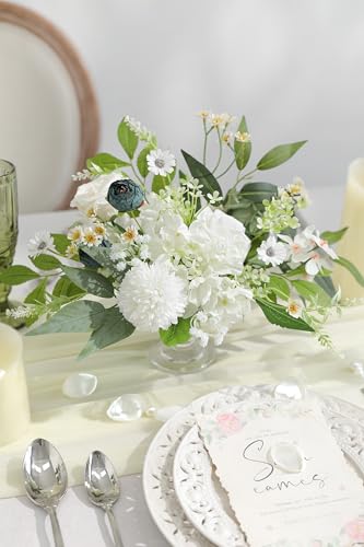 Forest Green Artificial Flowers Silk Fake Roses Peonies Greenery Combo Box Set for DIY Wedding Bouquets Bridal Shower Centerpieces Floral Arrangements Party Tables Home Decoration - color: White Dark Green
