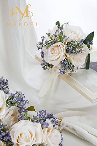6.5 Inch Ivory Bridesmaid Bouquet, Set of 6, Purple Wedding Bouquets for Bridesmaids, Small White Bridesmaids Bouquets - color: 6pcs White&purple Bouquets