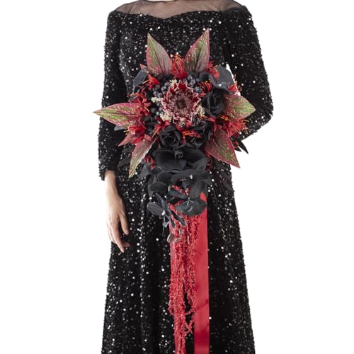 12 Inch Cascade Wedding Bouquets for Bride, Black & Burgundy Cascading Bridal Bouquet for Wedding Silk Artificial Flowers - color: Black & Burgundy